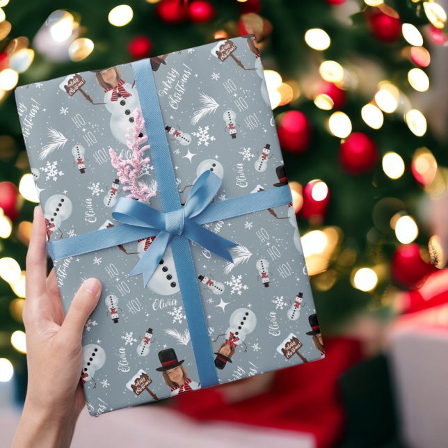 Papel De Presente Brincadeira ilustração de Natal Snowman (Fun merry Christmas illustration photo snowman Wrapping Paper on blue)