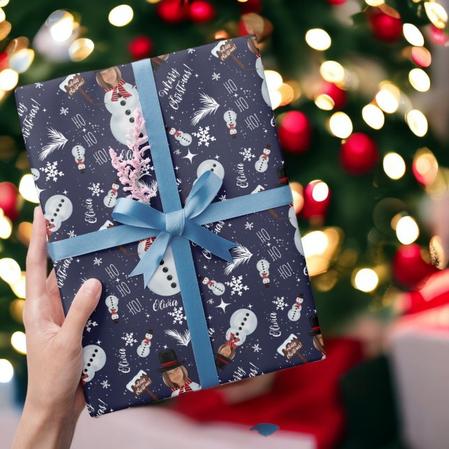 Papel De Presente Brincadeira ilustração de Natal Snowman (Fun merry Christmas illustration photo snowman Wrapping Paper on navy blue)