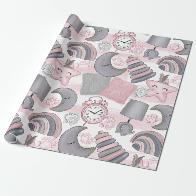 PAPEL DE PRESENTE BRINQUEDOS DE GAROTA DE ROSA E CINZA COARREM FLORE (Desenrolado)