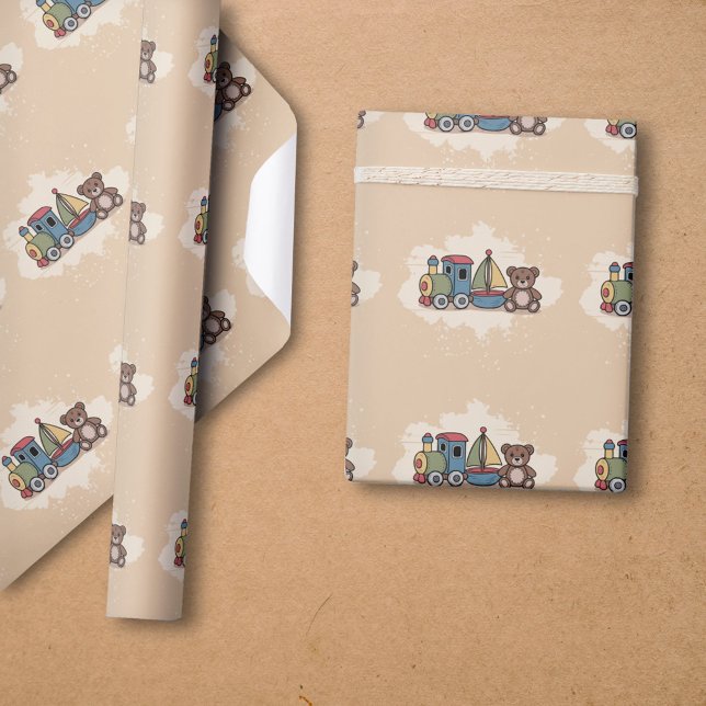 Papel De Presente Brinquedos de madeira com trem, veleiro e ursinho (Wooden Toys with train, sailboat, and teddy bear Wrapping Paper)