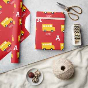 Papel De Presente Brinquedos Transporte Barramento Amarelo Monograma