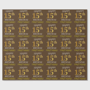 Papel De Presente Brown, ANIVERSÁRIO FELIZ Dourado do falso "15o "