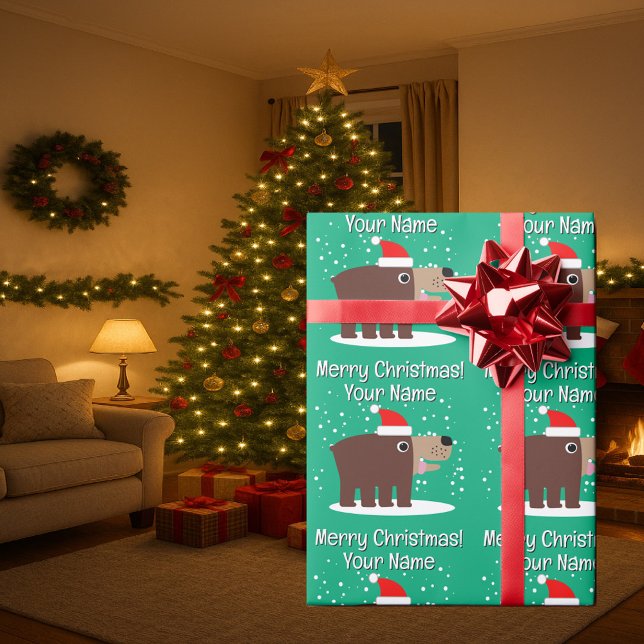 Papel De Presente Brown bear cartoon with santa hat custom Christmas (Christmas wrapping paper with cute Santa bear cartoon)