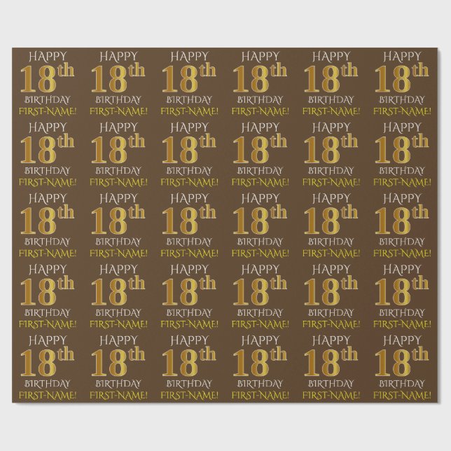 Papel De Presente Brown, Faux Dourado "FELIZ 18 ANOS" (Aberto)