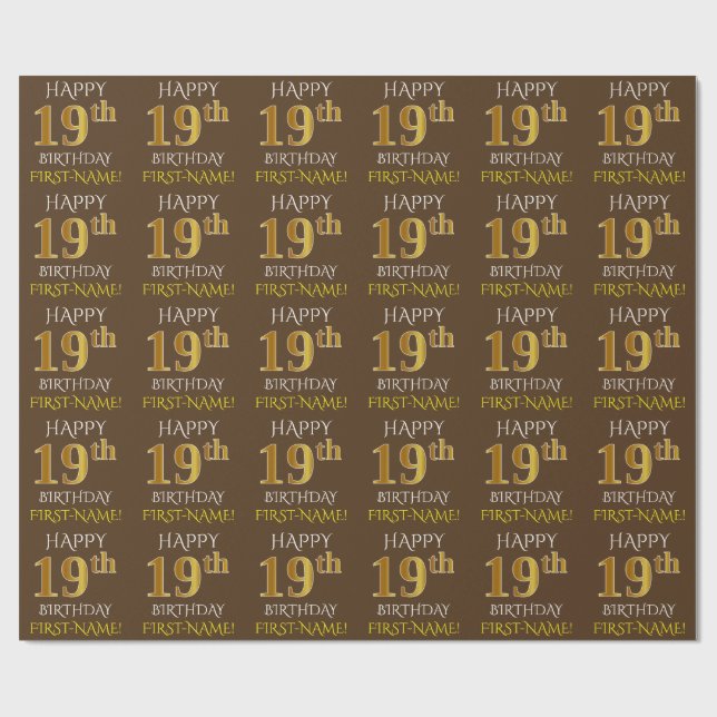 Papel De Presente Brown, Faux Dourado "FELIZ 19 ANOS" (Aberto)