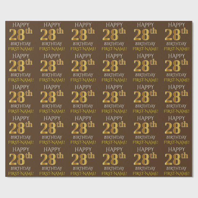 Papel De Presente Brown, Faux Dourado "FELIZ 28 ANOS" (Aberto)