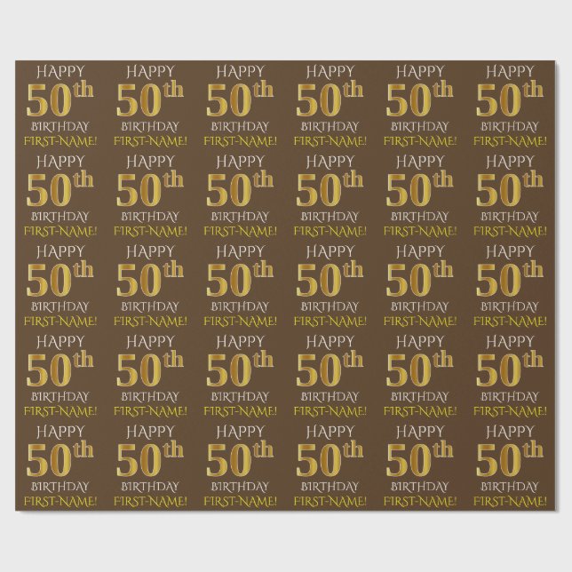 Papel De Presente Brown, Faux Dourado "FELIZ 50º ANIVERSÁRIO" (Aberto)