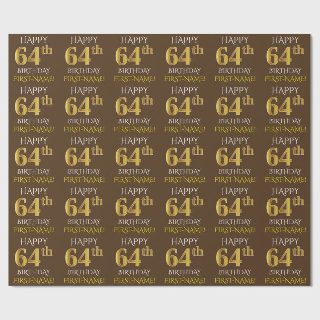 Papel De Presente Brown, Faux Dourado "FELIZ 64 ANOS" (Aberto)