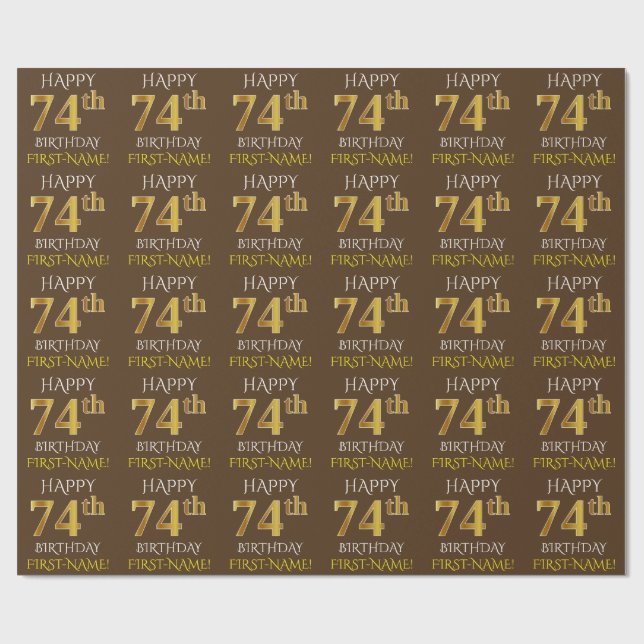 Papel De Presente Brown, Faux Dourado "FELIZ 74 ANOS" (Aberto)