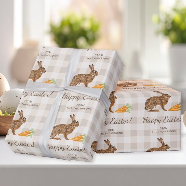 Papel De Presente Brown Hare And Carrots Happy Easter Beige Gingham (Criador carregado)