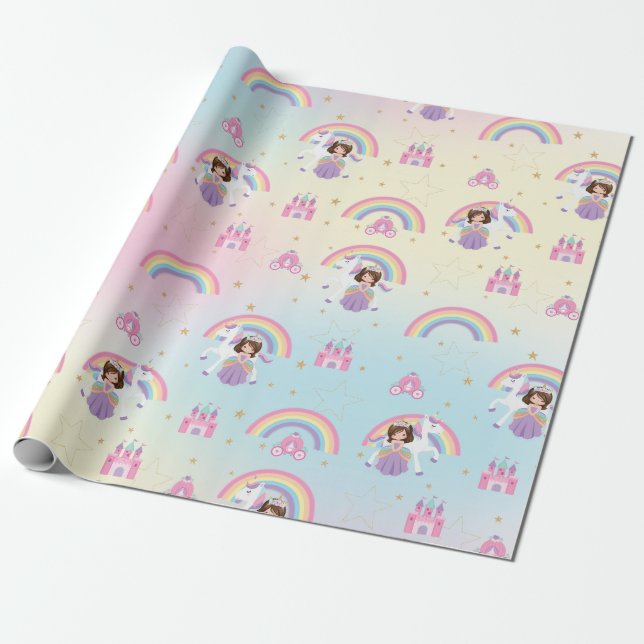Papel De Presente Brunette Princess e Unicorn Rainbow Birthday (Desenrolado)