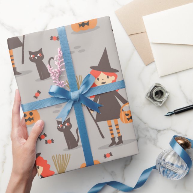 Papel De Presente Bruxa Bonita do Halloween, Abóbora, Gato Negro (Presentear)