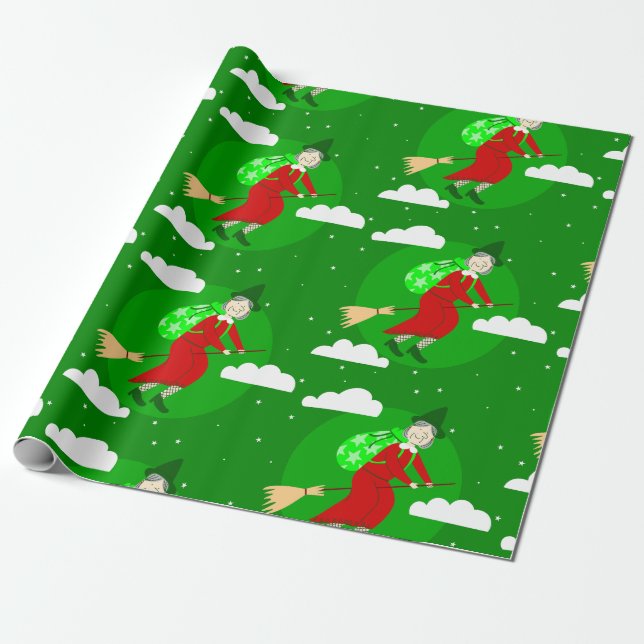 Papel De Presente bruxa de natal verde befana broomrider spookmas (Desenrolado)