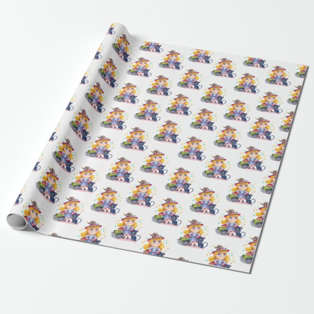 Papel De Presente bruxa e gato bonitinho do Halloween (Desenrolado)