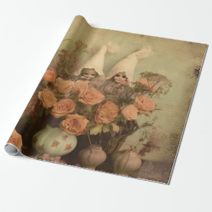 Papel De Presente Bruxa Gótica Sepia com Abóboras e Rosas de Outono