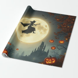 Papel De Presente Bruxa Mística Malvada Voando Sobre a Lua Cheia 🌕