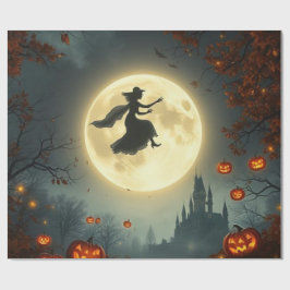 Papel De Presente Bruxa Mística Malvada Voando Sobre a Lua Cheia 🌕