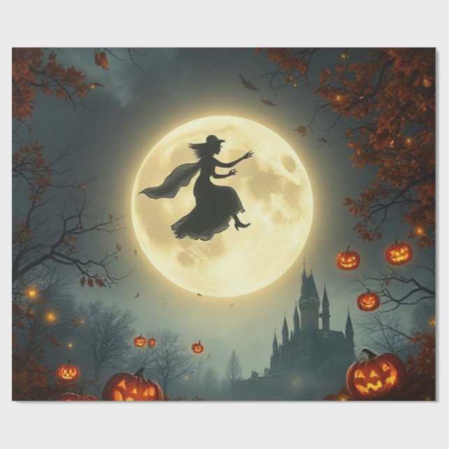 Papel De Presente Bruxa Mística Malvada Voando Sobre a Lua Cheia 🌕 (Aberto)