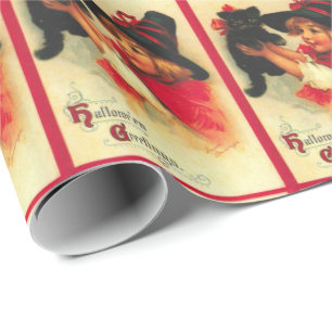 Papel De Presente Bruxa pequena do vintage com gatinho