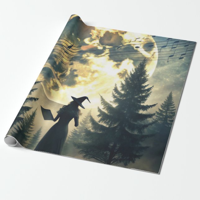 Papel De Presente Bruxa sob a Lua Cheia Noite Encantada (Desenrolado)