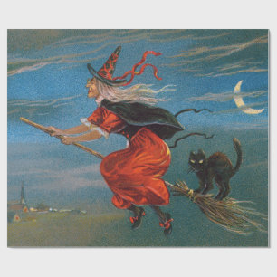 Papel De Presente Bruxa Voando com Gato Preto na Noite de Halloween