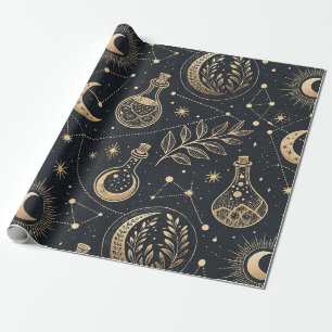 Papel De Presente Bruxaria Celestial - Lua Dourada, Frascos de Poção