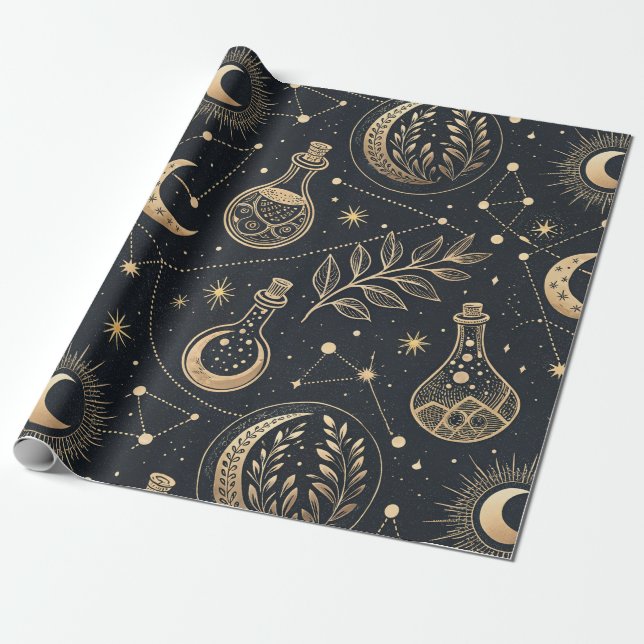 Papel De Presente Bruxaria Celestial - Lua Dourada, Frascos de Poção (Desenrolado)