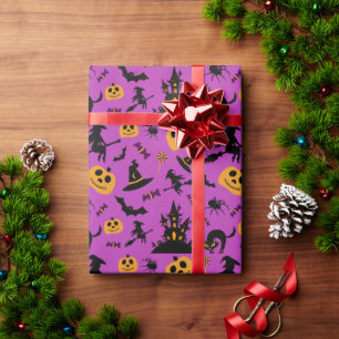 Papel De Presente Bruxas e Pumpkins Patterno Roxo Halloween
