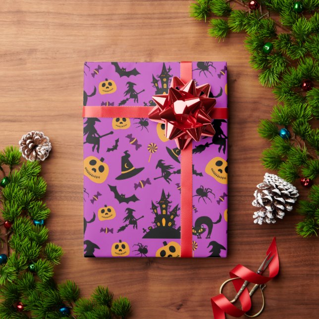 Papel De Presente Bruxas e Pumpkins Patterno Roxo Halloween (Presente de Natal)