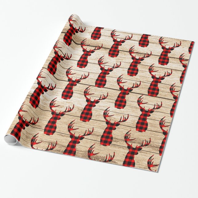 Papel De Presente Buck Deer Caçando Xadrez Negra Vermelha (Desenrolado)