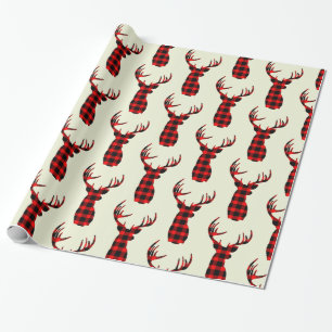 Papel De Presente Buck Deer caçando Xadrez Vermelha Negra Natal