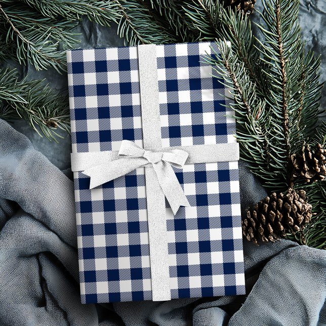 Papel De Presente Buffalo Check Gingham Padrão marinho azul (Buffalo Check gingham pattern navy blue Wrapping Paper)