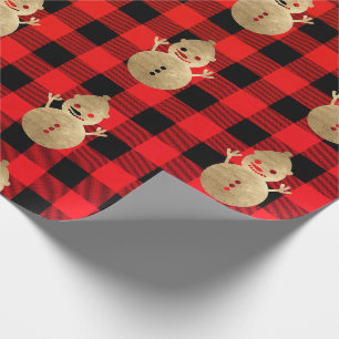 Papel De Presente Buffalo Xadrez Lomberjack Dourado Red Snowman
