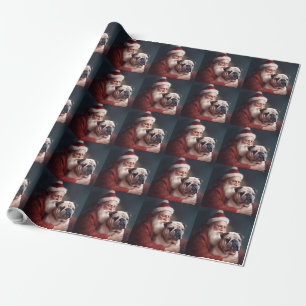 Papel De Presente Buldogue com Papai Noel Natal Festivo