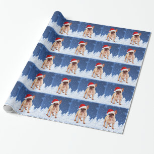 Papel De Presente Buldogue francês no Natal da neve com o Papai Noel