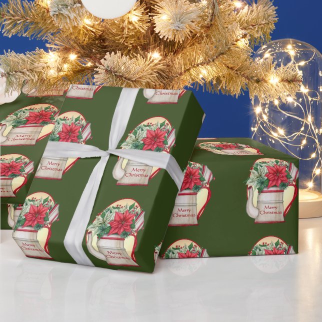 Papel De Presente Bule de chá antigo com Natal de poinsettias  (Feriados)