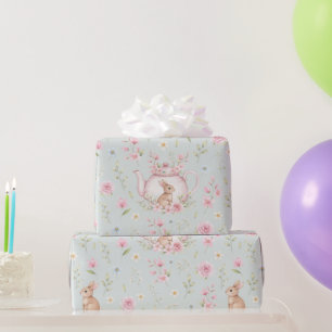 Papel De Presente Bule de Chá Coelho Caprichoso Floral