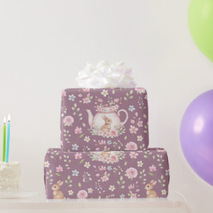 Papel De Presente Bule de Coelho Caprichoso Padrão Floral de Primave