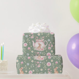 Papel De Presente Bule de Coelho Caprichoso Padrão Floral de Primave