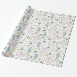 Papel De Presente Bules e Chaleiras Cor-de-Rosa Pássaros em Branco
