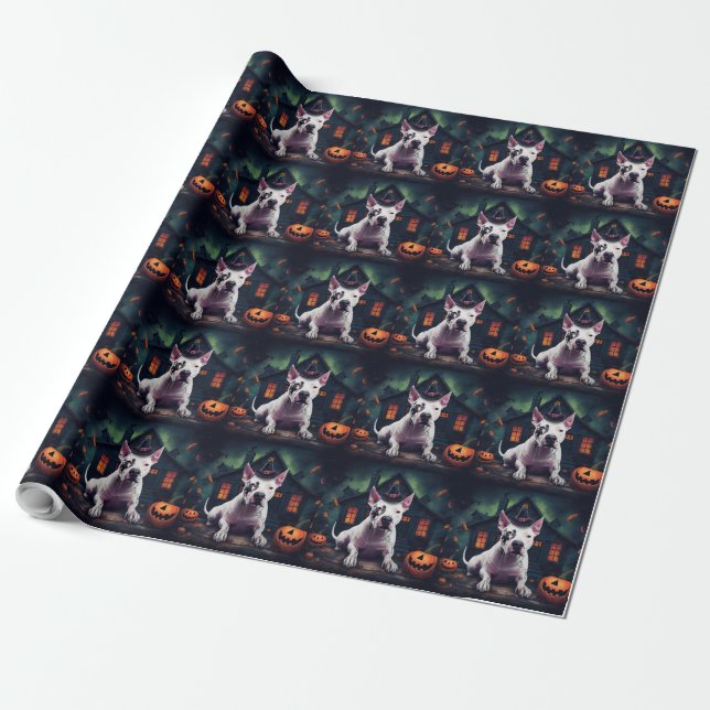Papel De Presente Bull Terrier Abóboras Dia das Bruxas Assustador (Desenrolado)