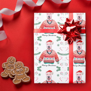 Papel De Presente Bull Terrier Dog Vestindo doce de Natal Festivo
