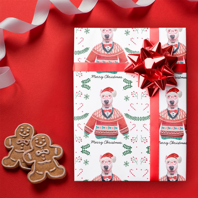 Papel De Presente Bull Terrier Dog Vestindo doce de Natal Festivo (Criador carregado)