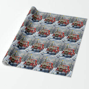 Papel De Presente Bull Terrier Natal Caminhão Vermelho Feriado