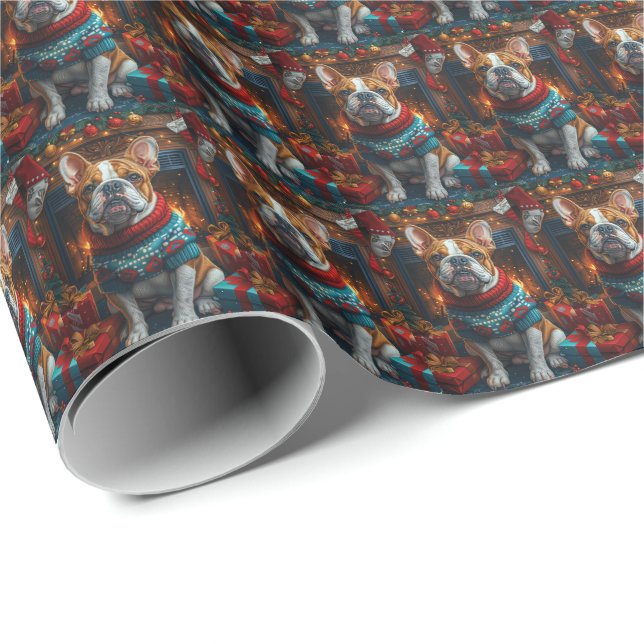 Papel De Presente Bulldog com Presentes de Natal Lareira (Ponta do rolo)