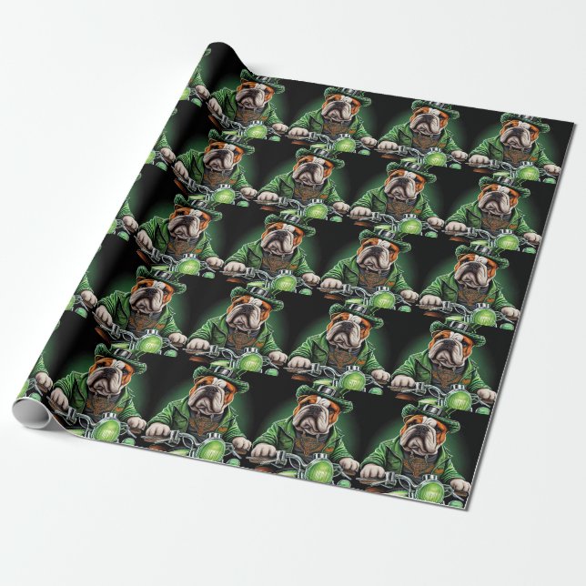 Papel De Presente Bulldog Dirigindo Bicicleta Dia de São Patrício (Desenrolado)