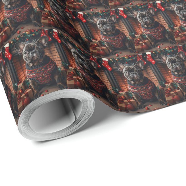 Papel De Presente Bulldog Francês Com Presentes de Natal Lareira (Ponta do rolo)