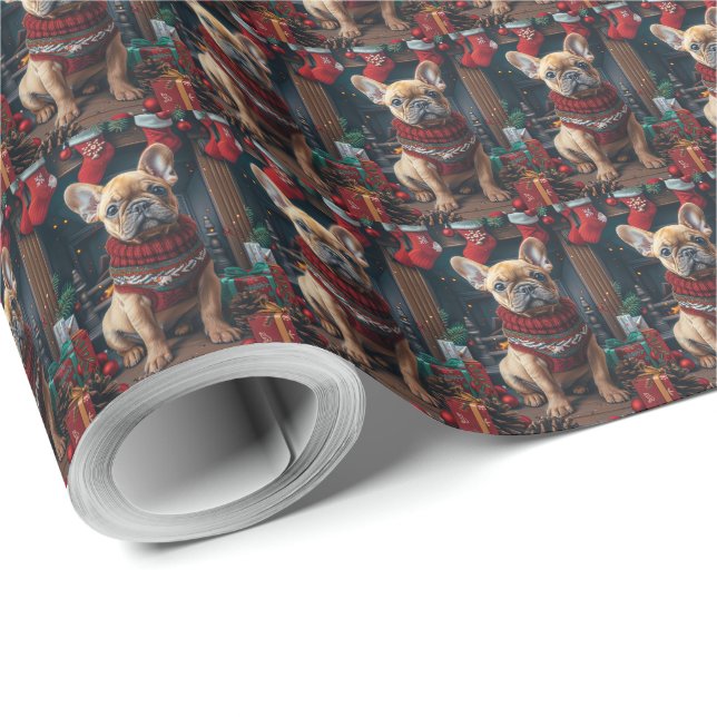 Papel De Presente Bulldog Francês Com Presentes de Natal Lareira (Ponta do rolo)