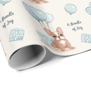 Papel De Presente Bulldog Francês em Balão Menino Bebê Azul Chá de B