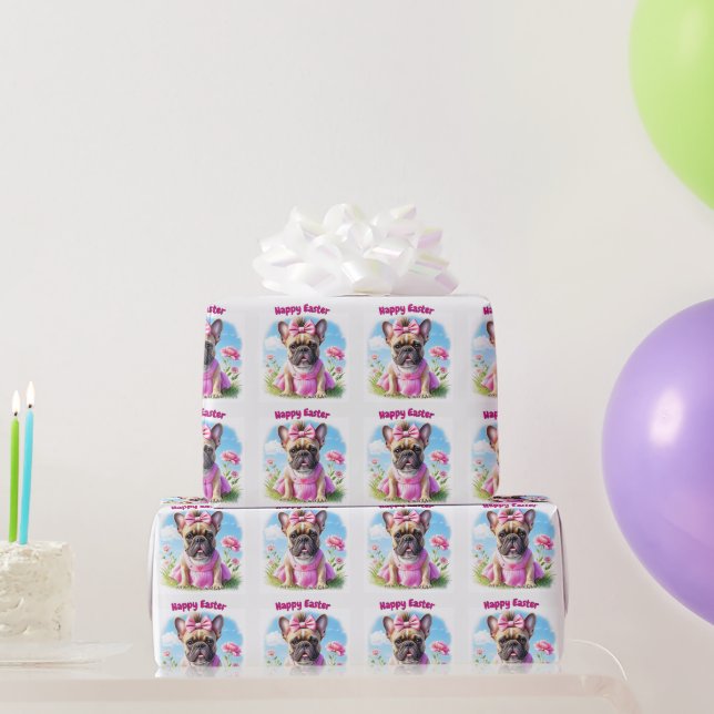 Papel De Presente Bulldog Francês Flores Páscoa Bulldog Francês (Presentes para festas)